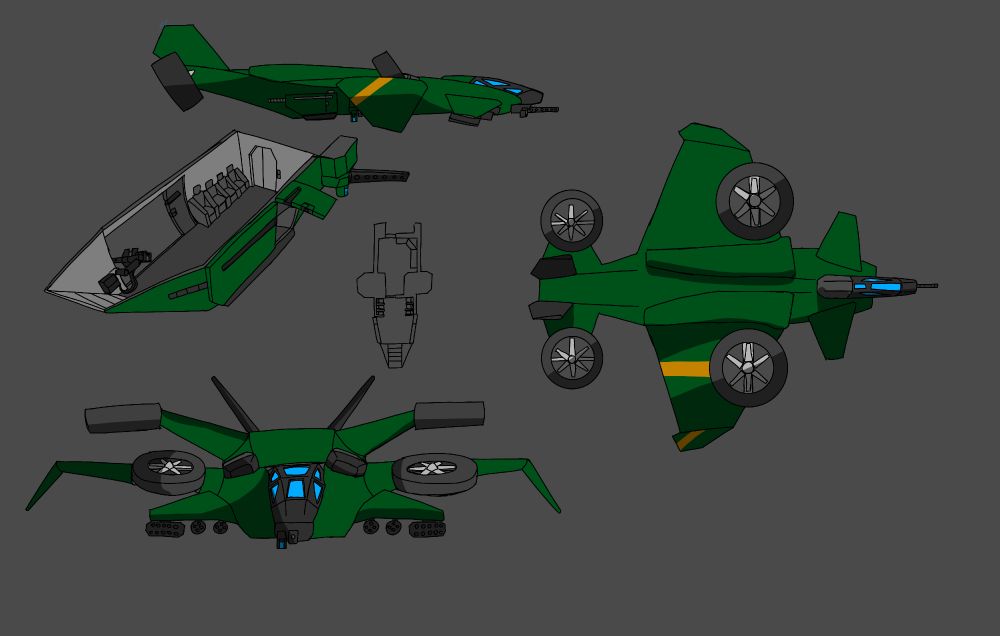 The Bald Eagle Gunship, large and modular it can be fitted for troop transportation, aerial support or both.