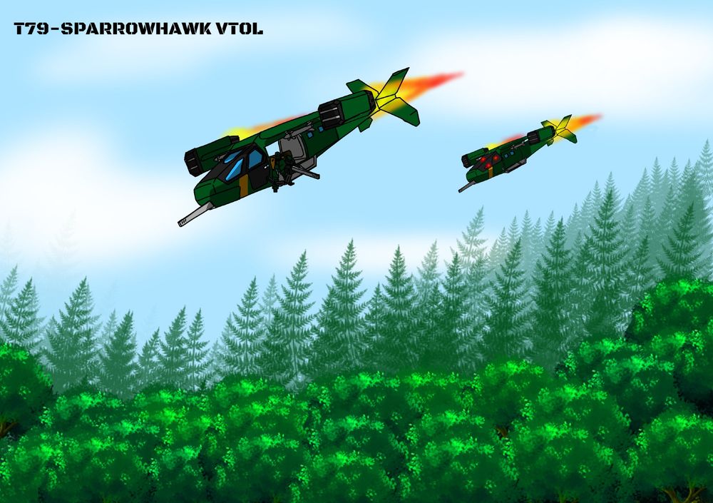 US T-79 Sparrowhawks flying above a forest, one automated and one piloted
