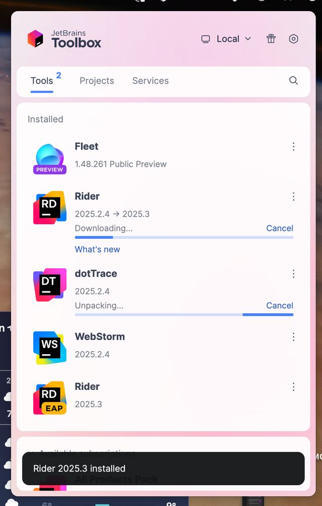 JetBrains ToolBox installing Rider 2025.3