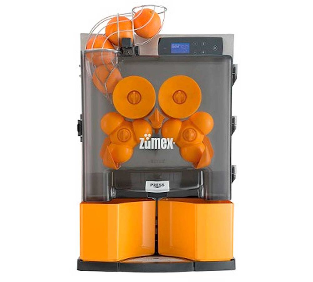 Imagen frontal de una máquina de zumo automática de la marca Zumex, con compartimentos naranjas y sistema visible de exprimido de cítricos.