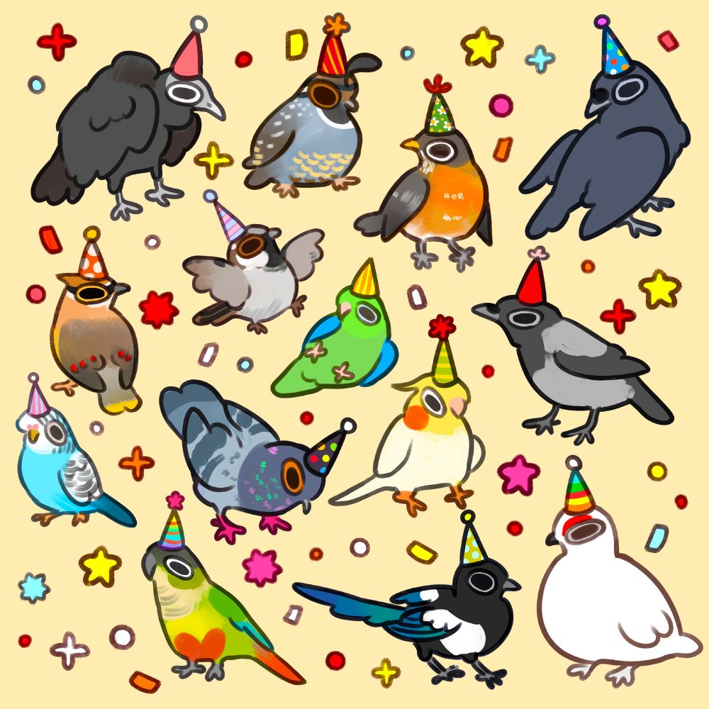 Birds in (rough) order: black vulture, california quail, american robin, raven, cedar waxwing, house sparrow, parrotlet, hooded crow, budgie, pigeon, cockatiel, conure, magpie, ptarmigan (🗣️AWEBO)