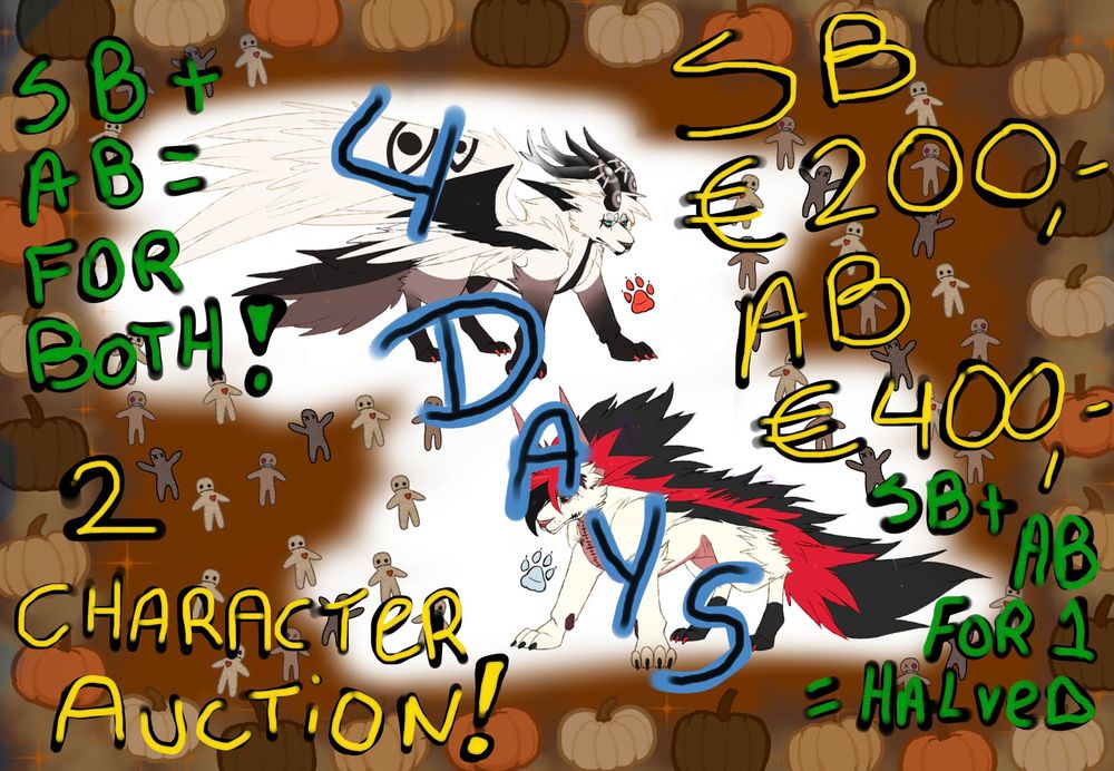 We here now have a 2 character, character auction running on FA.
You can go to it here: https://www.furaffinity.net/view/58570004/

The pricing might be a little much. But note that those are the prices for BOTH characters.
If you only want 1 of them, the prices will be halved. ^ w ^)/b

They are only available for 4 more days, so: Please, help Hanu and bid or buy these beautiful wolves. And give them a proper new home. ^ w ^)/b