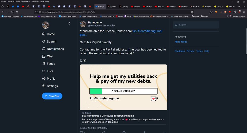 The amount raised and needed as shown in the image are both incorrect.

We have raised: € 578,59 of the total € 954,67 that Hanu needs to be out of debt and his current bills for this month to be waved.
Thanks to a €22 donation (changed to €20,82 when it arrived in Hanu's PayPal due to PayPal fees) by the generous Rune Reinhardt.

You can donate to Hanu's Ko-fi here:
https://ko-fi.com/hanugumo/goal?g=78
(Please note that due to PayPal fees any donation through Ko-fi will have 12% subtracted from the amount you sent.)

Or if you want to donate directly to his PayPal.
Contact me here on @Xavierfelinaty.bsky.social to get the PayPal address. ^ w ~)/b