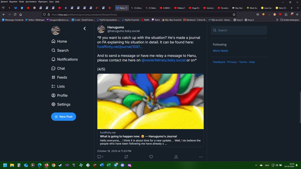 This is the full link to Hanu's Journal explaining the situation before he was cut off from internet.
https://www.furaffinity.net/journal/10970830/

If you have any questions or anything, please direct them towards me @xavierfelinaty.bsky.social.
Thank you in advance.