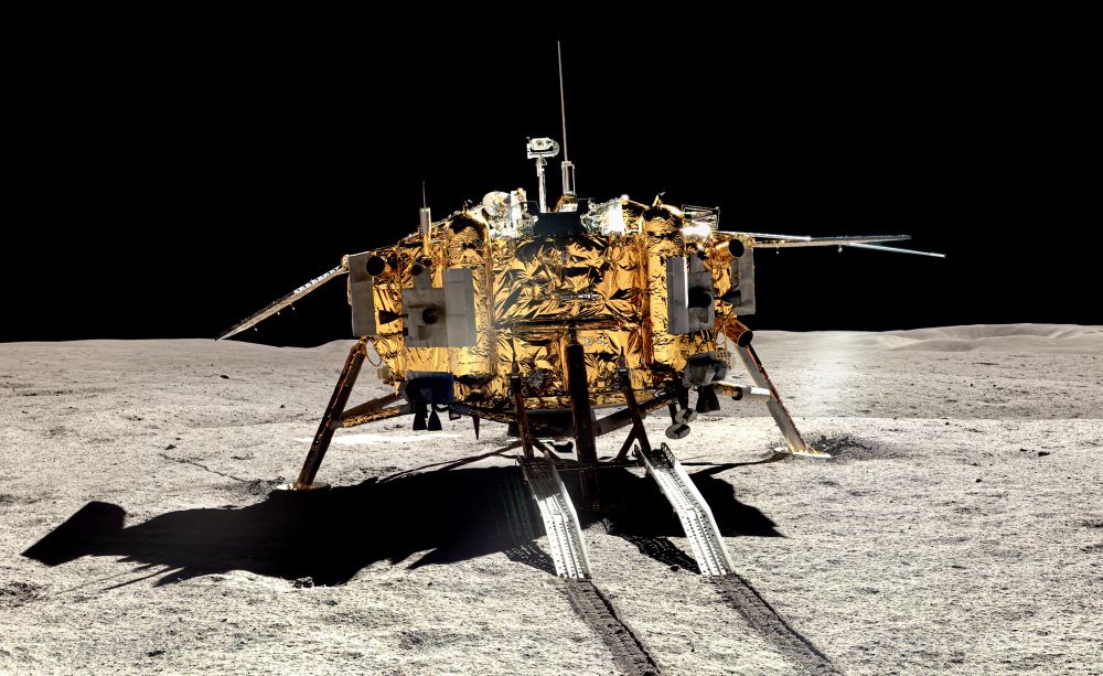 The Chinese Chang’e 4 lander on the far side of the moon in 2019, photographed by its robotic rover Yutu-2.