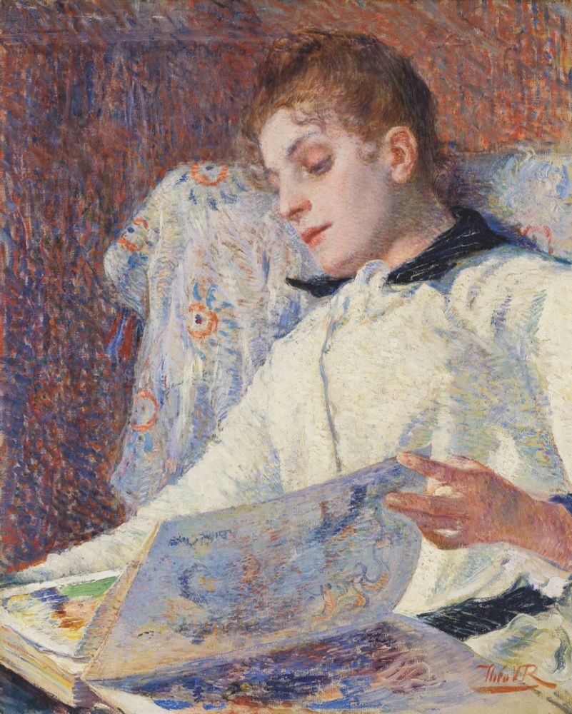 Painting by Théo van Rysselberghe of a woman dressed in white, reading.