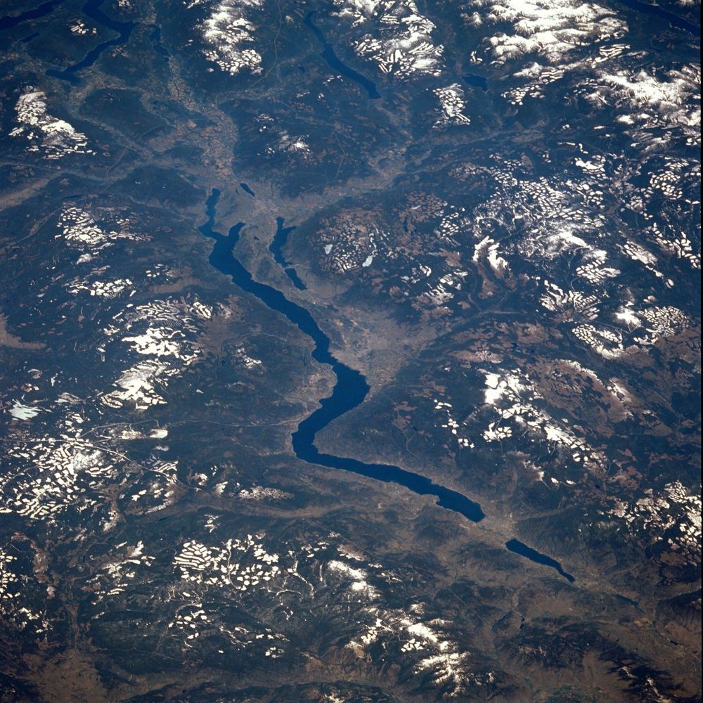 A photograph of Okanagan Lake in British Columbia, taken from the space shuttle Discovery.