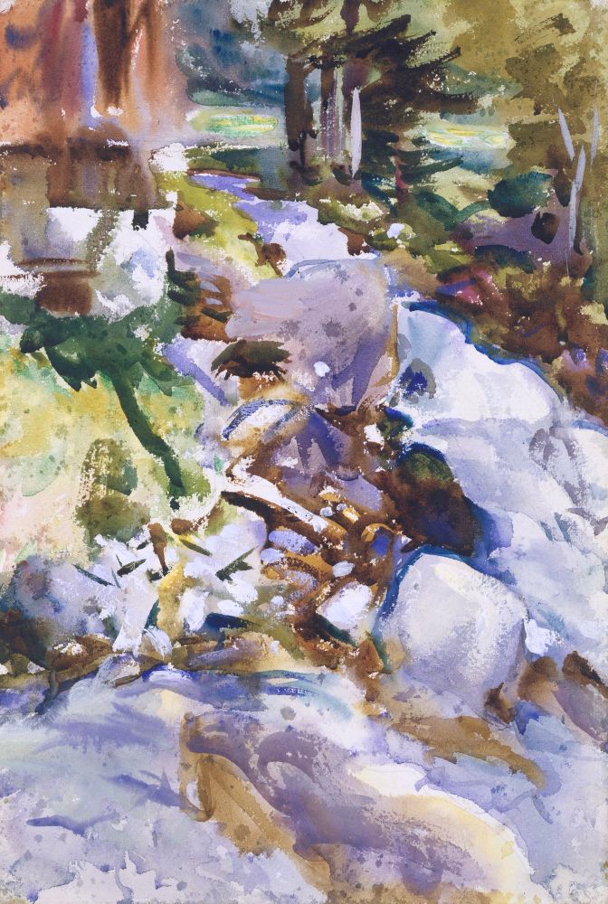 Watercolour painting by John Singer Sargent of a brook rushing over rocks and pebbles in the sunshine.
