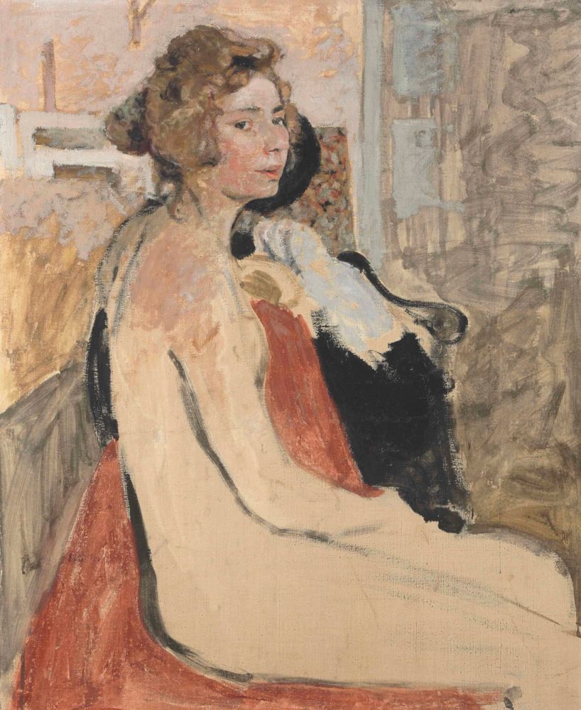 Unfinished painting or sketch by Édouard Vuillard of a naked female model facing right, with her face turned towards the viewer.