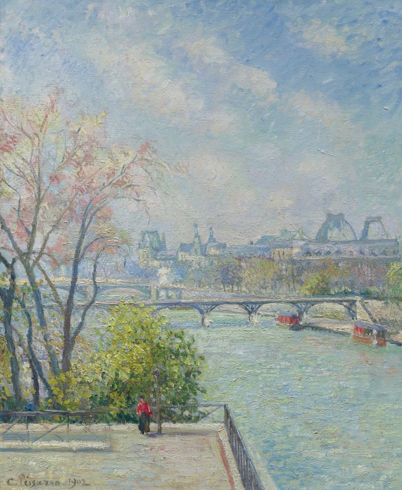 Painting by Camille Pissarro of the Louvre in Paris, seen from the River Seine on a sunny spring morning.