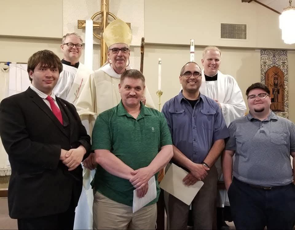 Bishop Tom Ely at St Stephen's Episcopal Church in Fargo. Standing with him are Fr Jamie and deacon John, as well as 3 other confirmands and myself (Conrad) with my silly little goatee and joy about being confirmed in the one holy catholic and apostolic church!
