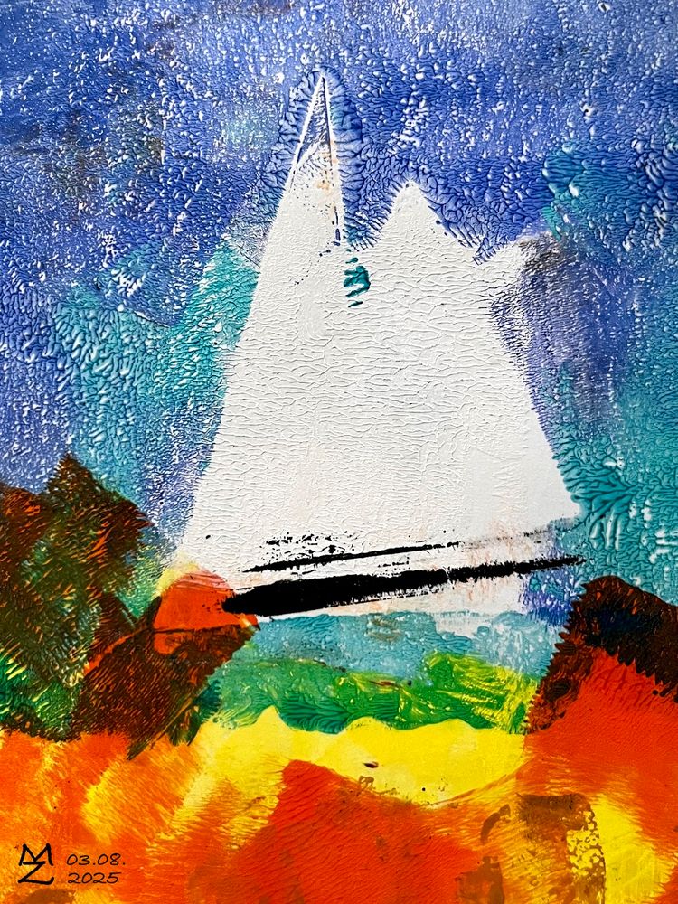 Abstract monoprint. Acrylic on paper. In the front, there's an orange-red-ochre part for the beach. The middle and upper parts show teal and blue colors, which symbolize the sea and sky. The picture's center is dominated by a sailboat with white sails.