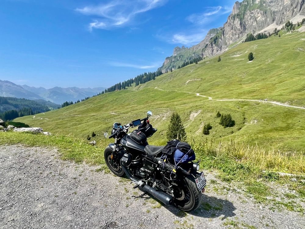 A black Moto-Guzzi at Saaspass in Glarus