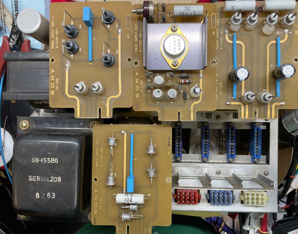 4 boards that comprise some of the regulating circuits in the power supply that have been re-capped.
