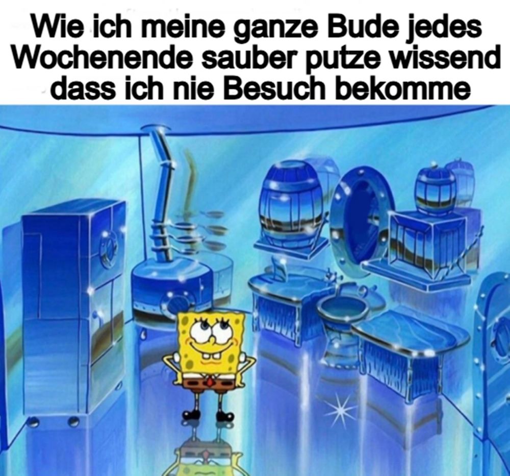 spongebob steht in einem blitzeblank geputzten raum mit den händen an eer hüfte und grinst zufrieden, dadrüber der text: Wie ich meine ganze Bude jedes Wochenende sauber putze wissend dass ich nie Besuch bekomme
