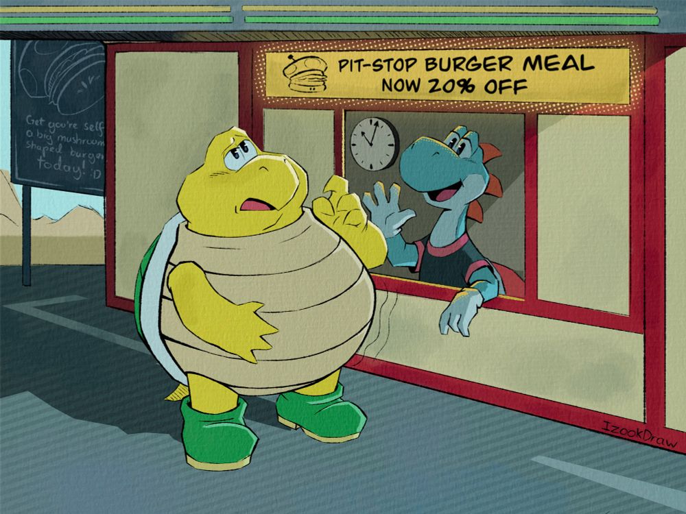 My Heavy Koopa looking very hungry while pondering what he’ll order from the diner. The Blue Yoshi is a worker at the diner.