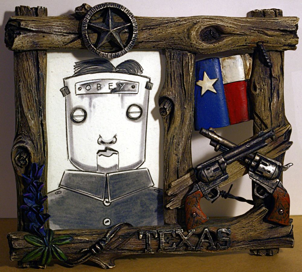 The same "Texan" frame with a portrait of a robot looking as a famous North Korean leader - drawn by the talented Costa-Rican artist Ximon Red a.k.a. ImpXimon 🐐😈