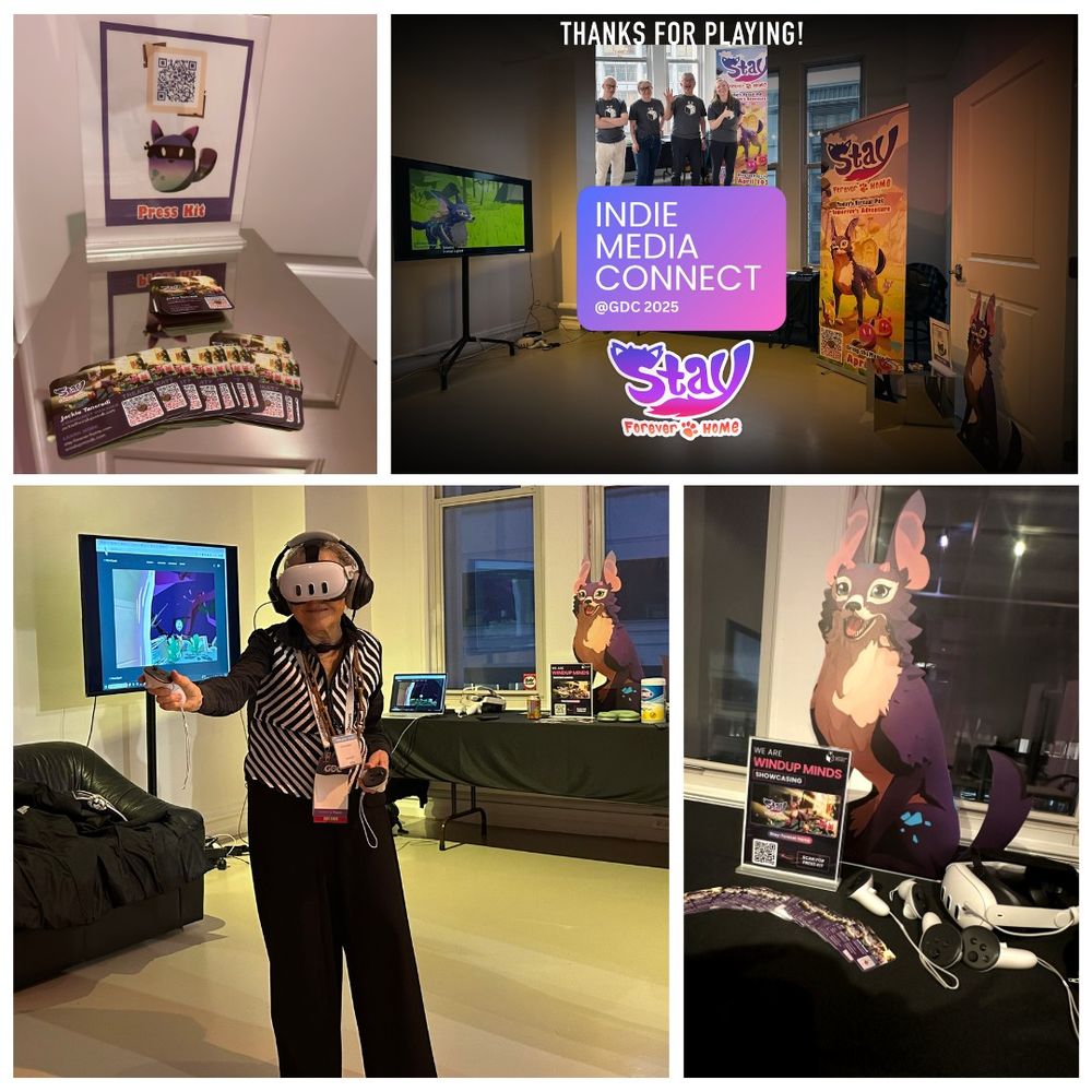 This collage showcases a demo of Stay: Forever Home at Indie Media Connect during GDC 2025. The setup includes a VR station where a participant is actively engaging with the game using a headset and controllers. The space is decorated with banners and a life-size cutout of Ember, the game's stylized magical wolf character. A press kit with QR codes and promotional materials is displayed on a table. Screens in the background show gameplay footage, while a group photo of the team stands for a photo smiling. The overall atmosphere highlights an immersive and interactive experience designed to introduce players to an age-appropriate experience in the world of Stay: Forever Home.