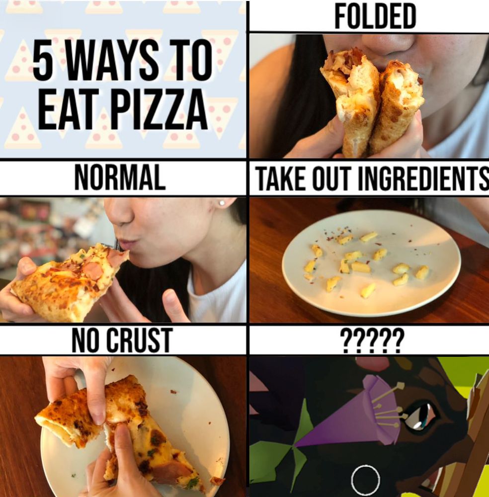 The image is a meme titled "5 Ways to Eat Pizza," divided into six sections. The first section serves as the title with a background pattern of small pizza slices. The second row contains three labeled eating styles: "Folded," showing a person biting into a pizza slice folded in half; "Normal," depicting someone eating a pizza slice conventionally; and "Take Out Ingredients," which displays a plate with only the pizza toppings removed and left behind. The third row continues with "No Crust," where a person is holding a pizza slice but leaving the crust behind, and a final, mysterious section labeled "?????" showing Ember eating the pizza with it clipping through her face vertically as if the pizza is forced to be pointing down to the depths of hell at all times.