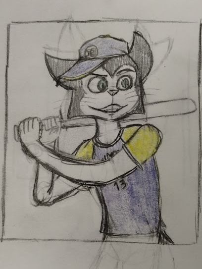 A pencil drawing of Crusty the Cat, a long forgotten member of the Chuck E Cheese cast