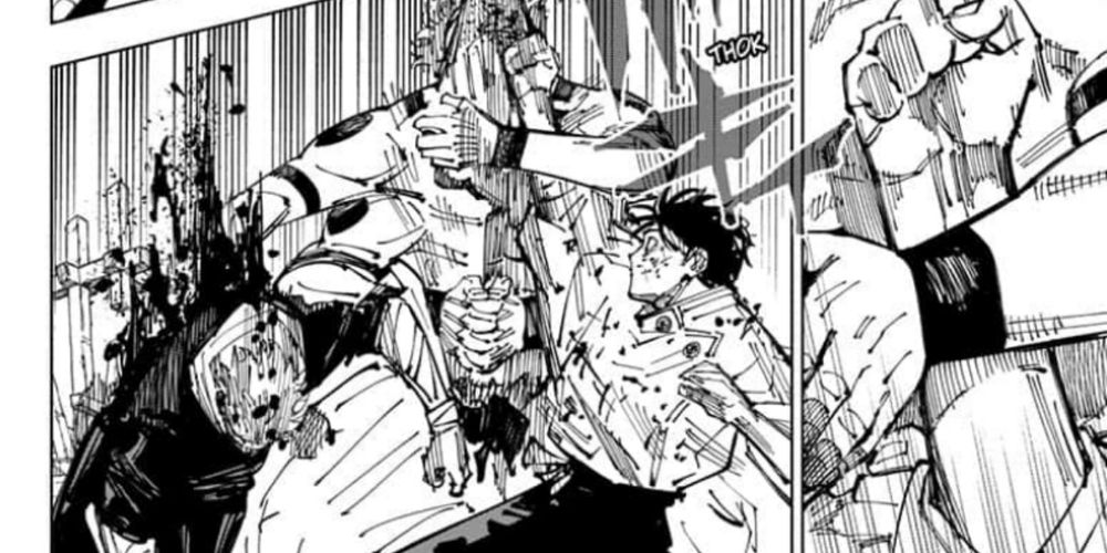 Manga panel depicting Yuuji Itadori and Yuta Okkotsu battling Ryomen Sukuna in an intense fight scene.