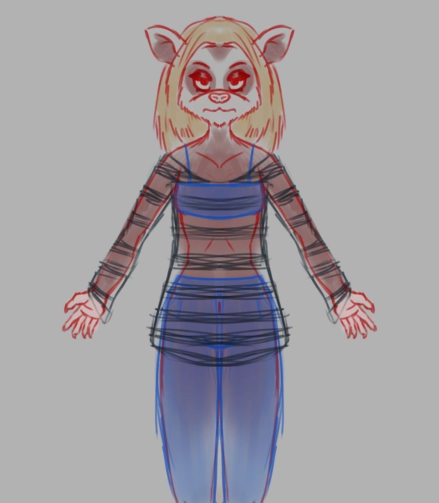 a doodle of an anthropomorphic opossum girl with unkept blonde hair wearing skinny jeans and a sports bra under a long striped shirt with long sleeves that is almost see through, she looks annoyed.
