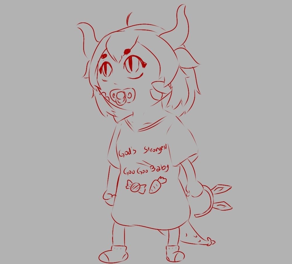 a doodle of Kanna with a pacifier, holding a hairband with fake hirse ears and wearing a long pajama shirt that reads "god's strongest goo goo baby"