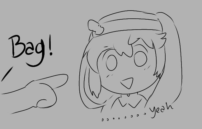 a doodle a hand pointing at bridget from guilty gear and someone saying "bag!", while she looks im disbelief and replies "... yeah", referencing the joke where fans call her any word starting with the letter B