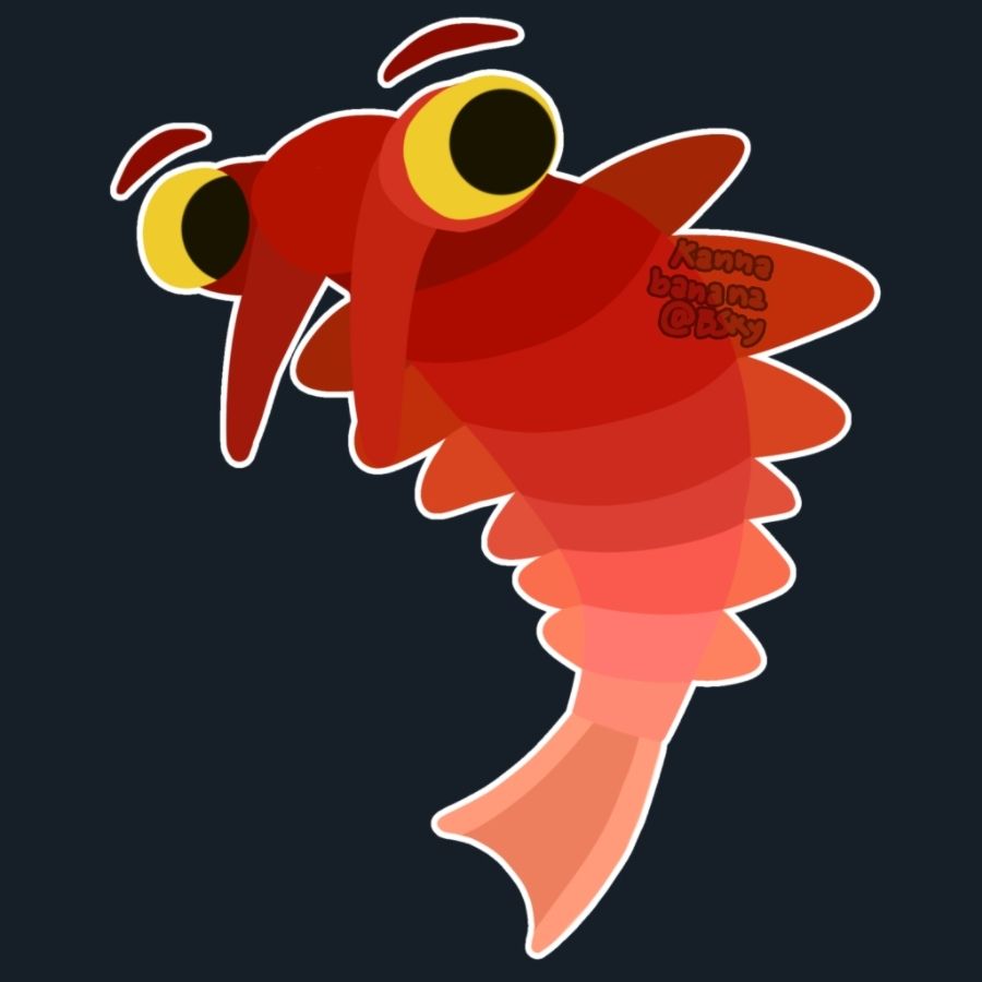 A cute drawing of an anomalocaris, a prehistoric aquatic animal with a body similar to a lobster, except with no legs or claws, only flat flipper-like structures on the sides, big yellow eyes on the sides of the hand and two segmented limbs on its face meant for grabbing prey