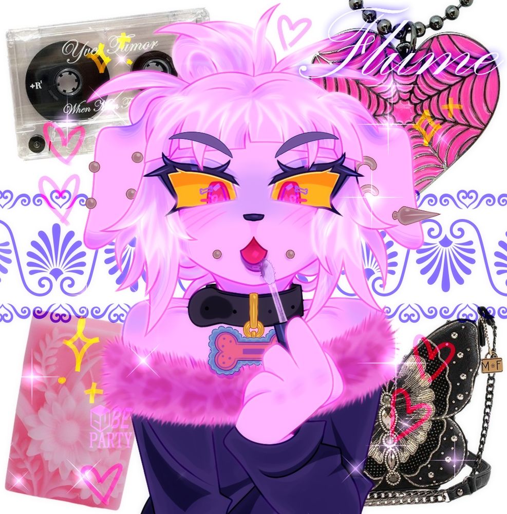 digital shaded halfbody of beingproof's sona flume. hes a hyperfeminine pink dog with straight thin hair,and baby bangs. his eyes are red with yellow scleras and his ears are floppy and somewhat long. he uses some rosegold-ish silver piercings on ears and cheeks,and a black collar with a red bone charm with blue lace (?) around it. he has a messy bun up and is wearing a long sleeved navy blue off-shoulder shirt with a fluffy pink leopard print border. he is looking down at the viewer like its a mirror,applying a purple gloss on his lower lip.
the background is white with some black,white,and pink pngs such as a flower soap art,a butterfly bag full of rhinestones and details,a heart with spider webs necklace charm,and a see thru cassette tape. in the middle,there is a pretty purple border with anthemion and some flowy hearts pattern.