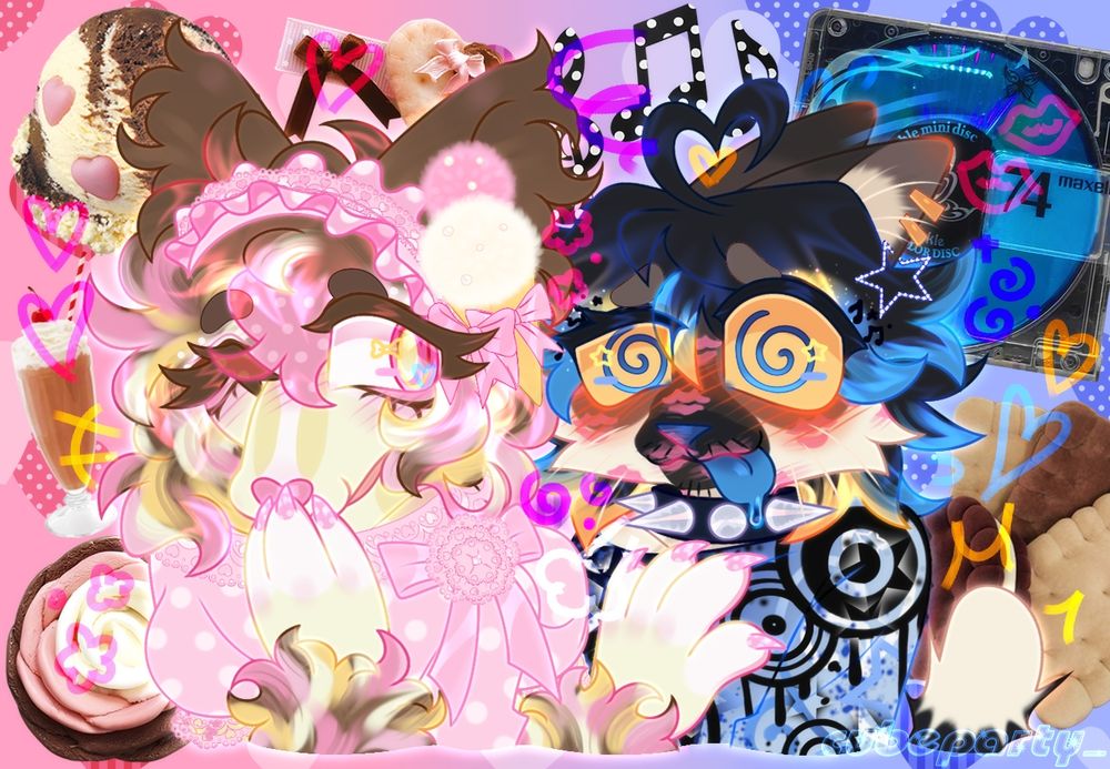 digital busts of azzy's characters angie and thresher. angie is an anthro hyper feminine neapolitan colored chinese crested dog, and thresher is a masculine siamese cat with blue and orange-ish yellow accents. angie is giggling shyly, meanwhile thresher is very flushed and confused, full of kiss marks. angie is dressed very pink frilly cute outfit with laces and polka dots, meanwhile thresher is more y2k frutiger metro. the background reflects they color schemes and personalities/tastes.