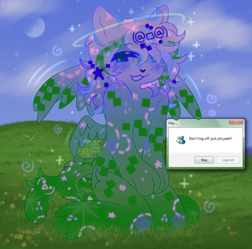 digital chibi of surfcurse's character ascii. theyre an anthro cat with wavy medium hair,and 2 pair of wings. their entire body is a muted blue to dark green gradient,with checkered green patterns,alot of dotted circles,little spots,kaomojis and little stars. the hair has many different blues and green stripes,and dark blue checkered spots with one more kaomoji and a big star. their eyes are dark blue. they have a serene squinty expression in the face. everything looks very angelic and magical. on the background,a repainted version of windows bliss wallpaper,where everything is more dark & muted with a moon and some sparse stars,giving the idea its dusk. next to ascii,a green aero glass windows message says "dont log off just yet,yeah?" with two buttons "stay" and "log out" (in gray,unclickable) and the windows msn icon with 2 people.