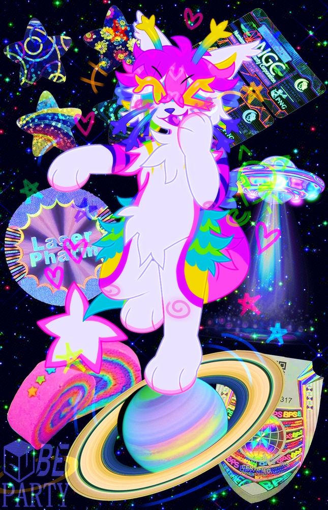 chibi fullbody of crow ferngill's oc,comet. hes an alien-cat-fish thing,very colorful. hes mostly white with pink,purple,blue,teal,green and orange markings on face,arms,back,hips/thighs and tail. ze has a short pink hair,and hunky multicolored antennas and "whiskers",with 3 little tips/tufts (?). he also has blue fish fins under his ears and lower back. his tail is thick similar to a fluffy lizard,that does the full "rainbow" (purple-pink-yellow-green-teal),and has a white "star" with pink edges. zir eyes are yellow with pink outlines.
he is balancing on one foot on a very colorful planet with many rings around it,similar to saturn. he puts his paw out and winks playfully,using the planet as a circus ball. the background makes it look like hes in space,with alot of colorful stars. as usual the pngs behind him are holo star stickers,a round sticker that says "laser pharm",pink and rainbow rollcakes,a brooch (?) sticker with many holo details and a globe,an ufo,and 2 NGC (numismatic guaranty company) cards (tbh i dont know what they mean they js looked cool and space-y).
