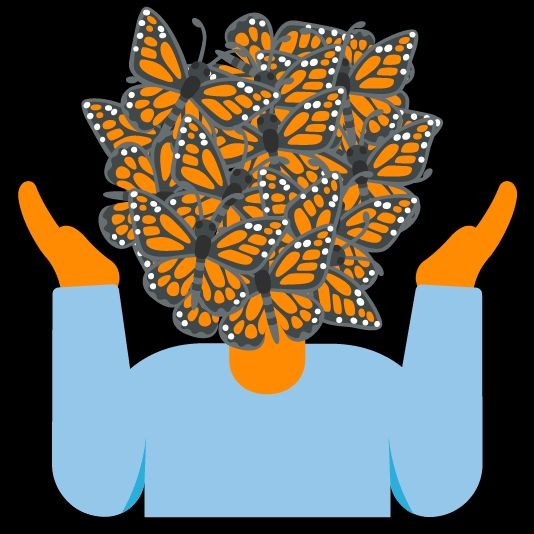Mix of the emojies "person shrugging" and "butterfly", resulting of the head being a mass of butterflies.