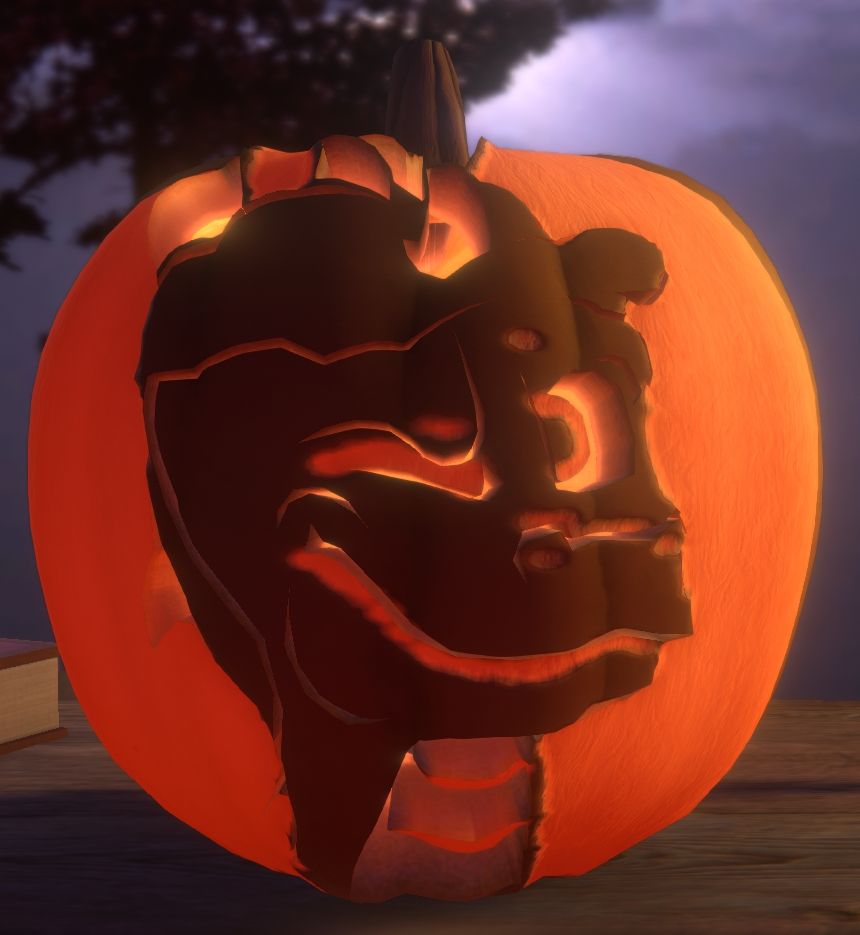 The winking face of the game character Spyro, carved digitally on a pumpkin in the game Ghost Town Pumpkin Festival
