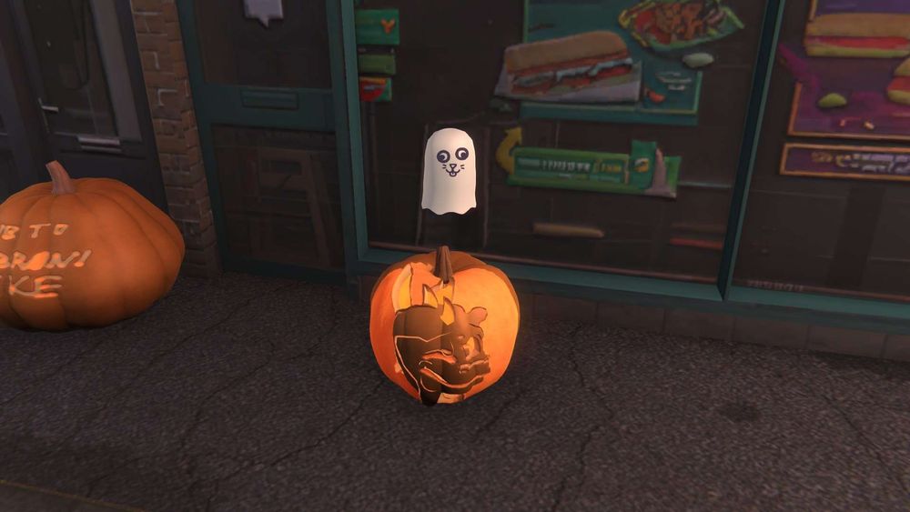 The carved pumpkin put next to a fast food entry. A little ghost (a player) hovers on it
