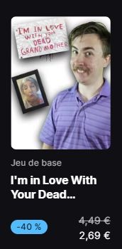 Cover image of the game I'm in Love With Your Dead Grandmother, featuring a smiling man, a framed photo, and a handwritten sign in the background.

