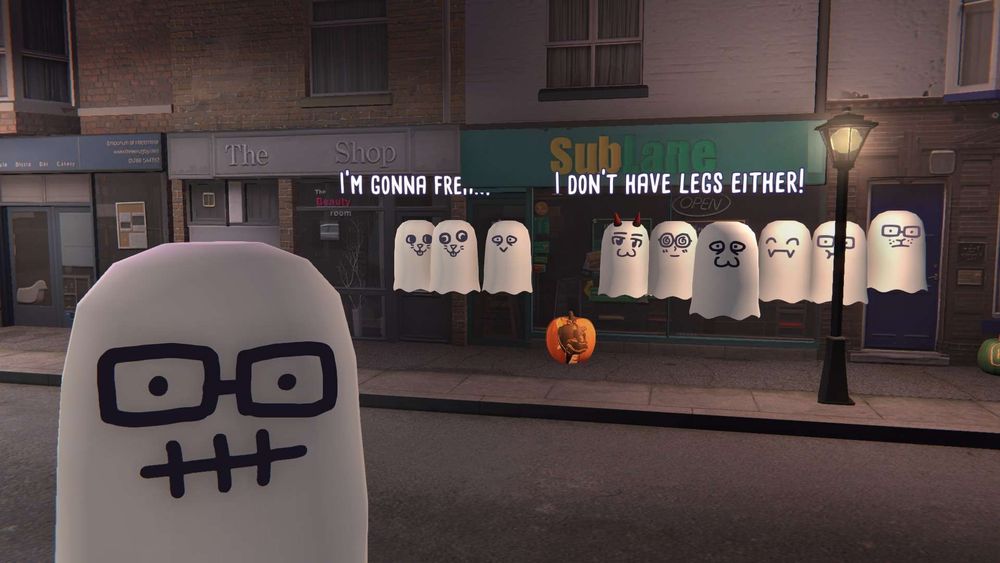 A selfie made by a ghost (player) showing in the background many other ghosts in front of the fast food chain "SubLane" (refering to Subway) with the carved Spyro pumpkin