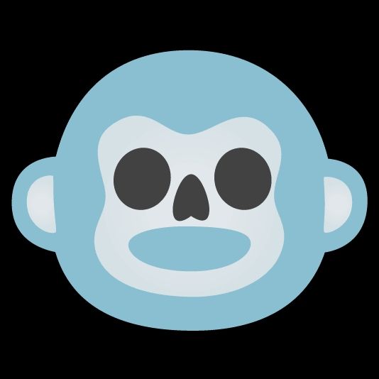 Mix of the emojies "monkey face" and "ghost", resulting in a lifeless monkey emoji, without eyeballs and with a light blue tint.