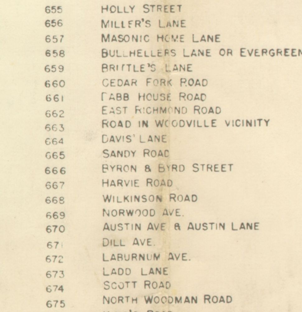 A index list for numbered features on a map. Centered, is feature number 666 Byron and Byrd street.