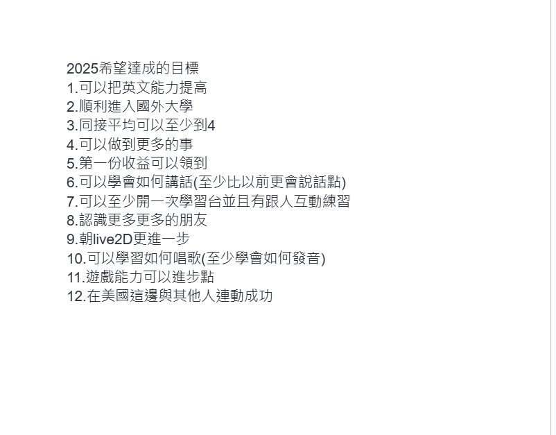2025希望達成的目標
1.可以把英文能力提高
2.順利進入國外大學
3.同接平均可以至少到4
4.可以做到更多的事
5.第一份收益可以領到
6.可以學會如何講話(至少比以前更會說話點)
7.可以至少開一次學習台並且有跟人互動練習
8.認識更多更多的朋友
9.朝live2D更進一步
10.可以學習如何唱歌(至少學會如何發音)
11.遊戲能力可以進步點
12.在美國這邊與其他人連動成功
