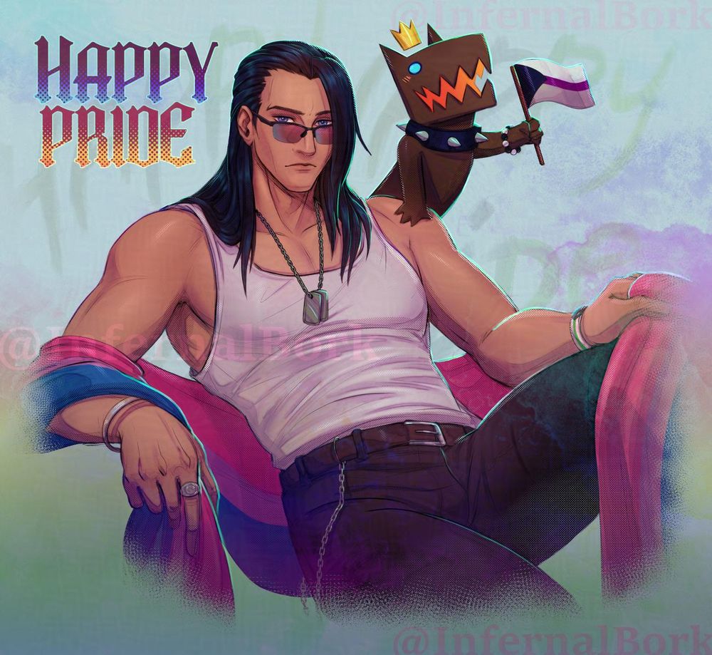 Colorful Illustration featuring Khersett (Kyros in his human form) and InfernalBork's mascot, a small hellhound, with their respective pride flags. Kyros is sit, leaning confortably with a bi flag around his arms and back.
With the letters "Happy Pride" on the top left.