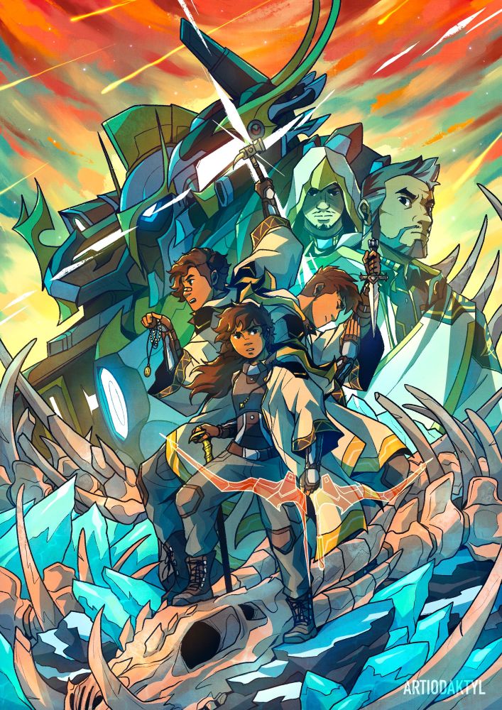 Illustration of my teenage mecha pilot OCs posed on a frozen dragon skeleton with their mechs in profile behind them