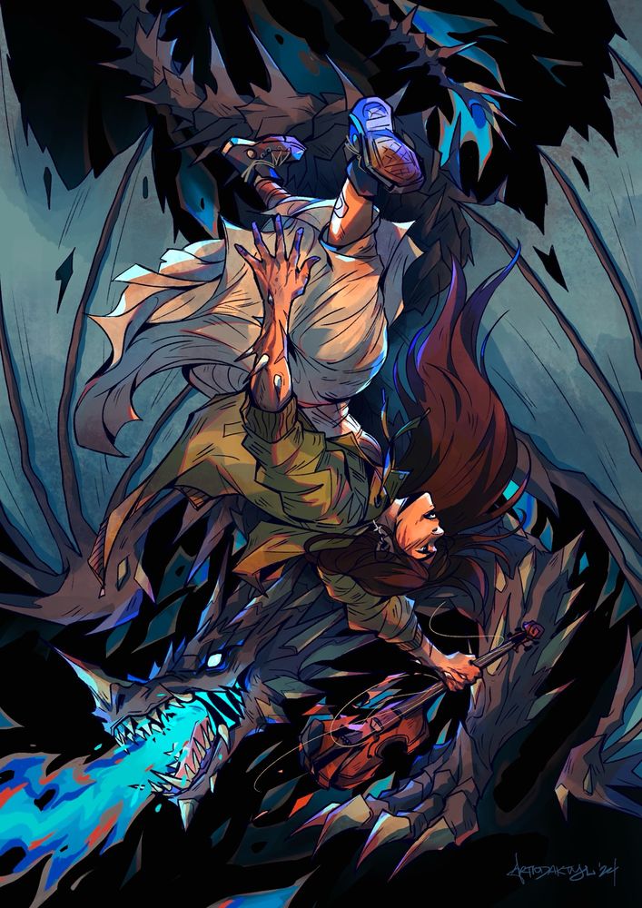 Digital illustration of my OC Tristan floating upside-down, holding a shattered violin. Behind him is his dragon form breathing blue flames in the opposite direction.