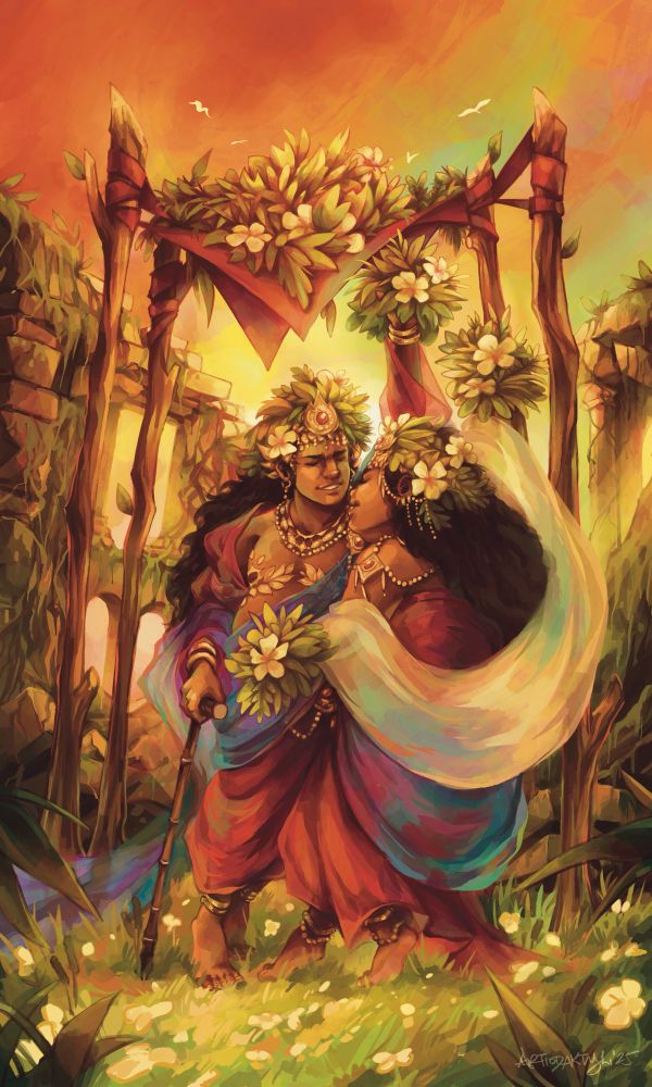 Illustration of the Four of Wands tarot card reinterpreted as a classical Southeast Asian queer, inter-abled couple