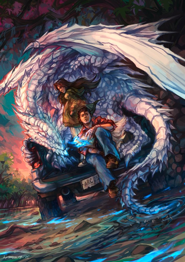 Illustration of my OCs Tristan and Joey seated on the back of a pickup truck with a white dragon perched behind them