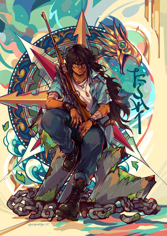 digital illustration of my OC Lance sitting with a rifle on a mossy broken anchor. behind him is a compass motif with wave patterns and a golden garuda head together with Kulitan calligraphy of his surname, Laxamana