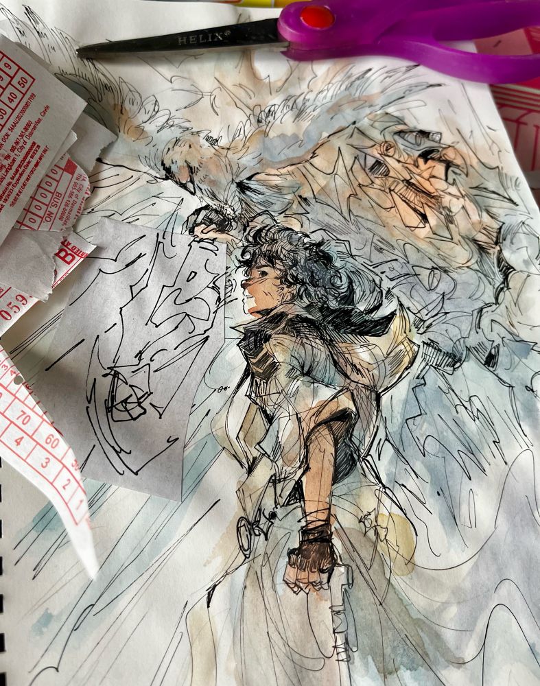 full page watercolor sketch of my OC Lance holding up a falcon while his mecha, Archie, stands in the background in side profile. Archie’s arm has been corrected with glued bus ticket cutout, traces of which are piled on the edge of the page.