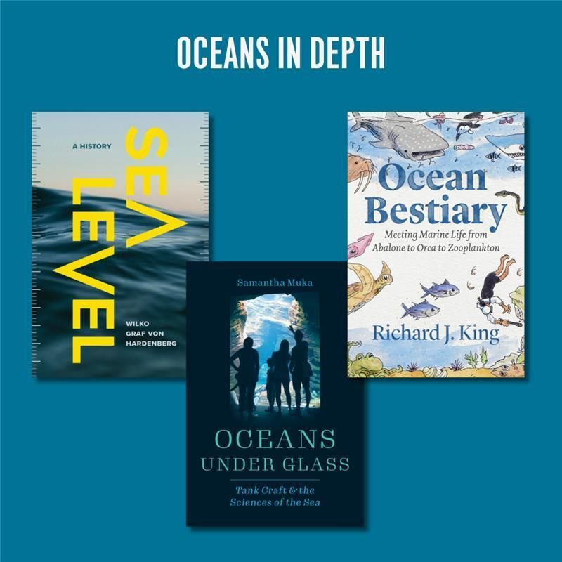 Text: Oceans in Depth.
Image: side by side book covers of Sea Level, Oceans under Glass, and Ocean Bestiary.