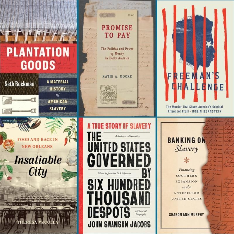 Six book covers rotating clockwise: Plantation Goods; Promise to Pay; Freeman's Challenge; Banking on Slavery; The United States Governed by Six Hundred Thousand Despots; Insatiable City.